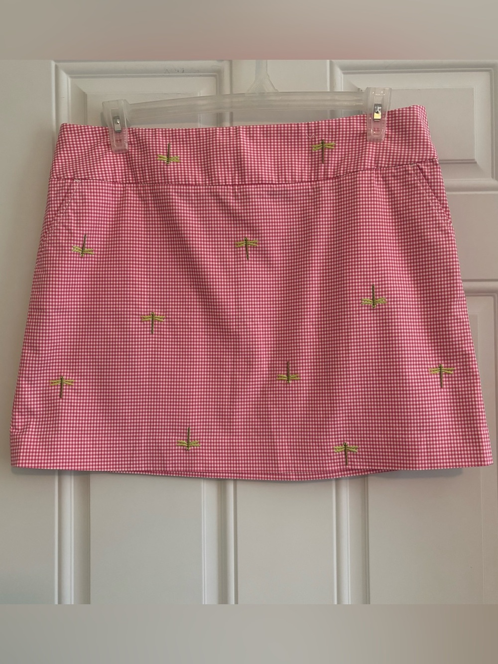 J. Crew Pink Gingham Skirt with Embroidered Dragonflies, Size 14